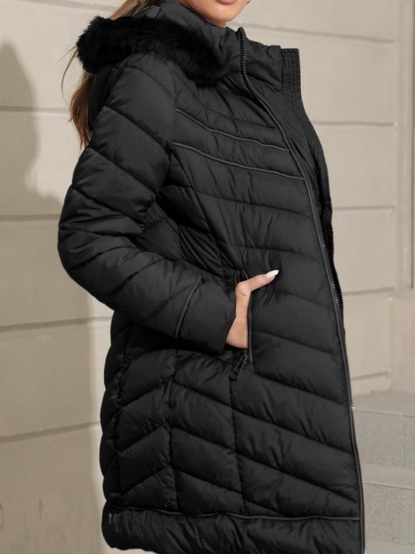Women's Contrast Faux Fur Hooded Longline Winter Coat Jackets, Casual Long Sleeve Pocket Zip Up Outerwear for Fall & Winter, Ladies Clothes for Daily Wear